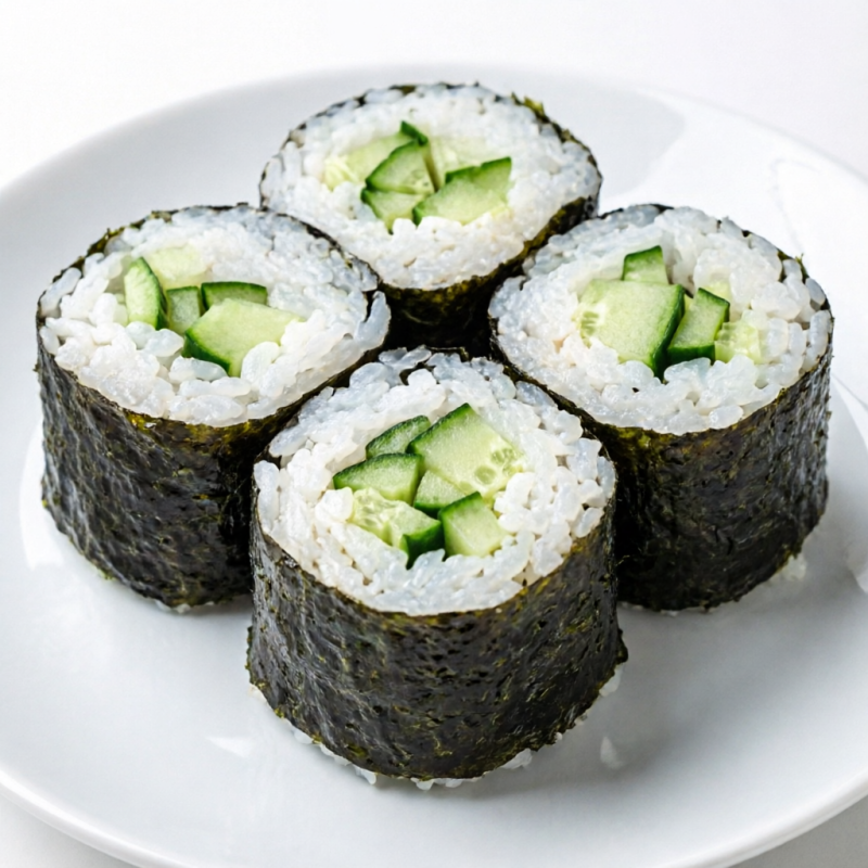 Arroz temperado por dentro da alga/nori com recheio de pepino japonês