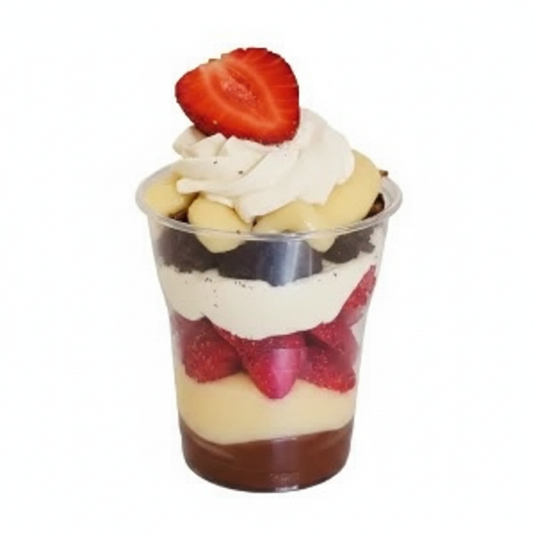 Camadas cremosas e saborosas de brigadeiro tradicional, brigadeiro branco com mousse de Ninho, morangos frescos, brownie e chantininho para finalizar. Aprox. 230g