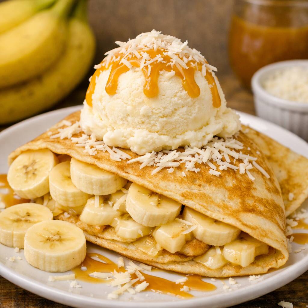 CREPE DE BANANO QUESO Y HELADO