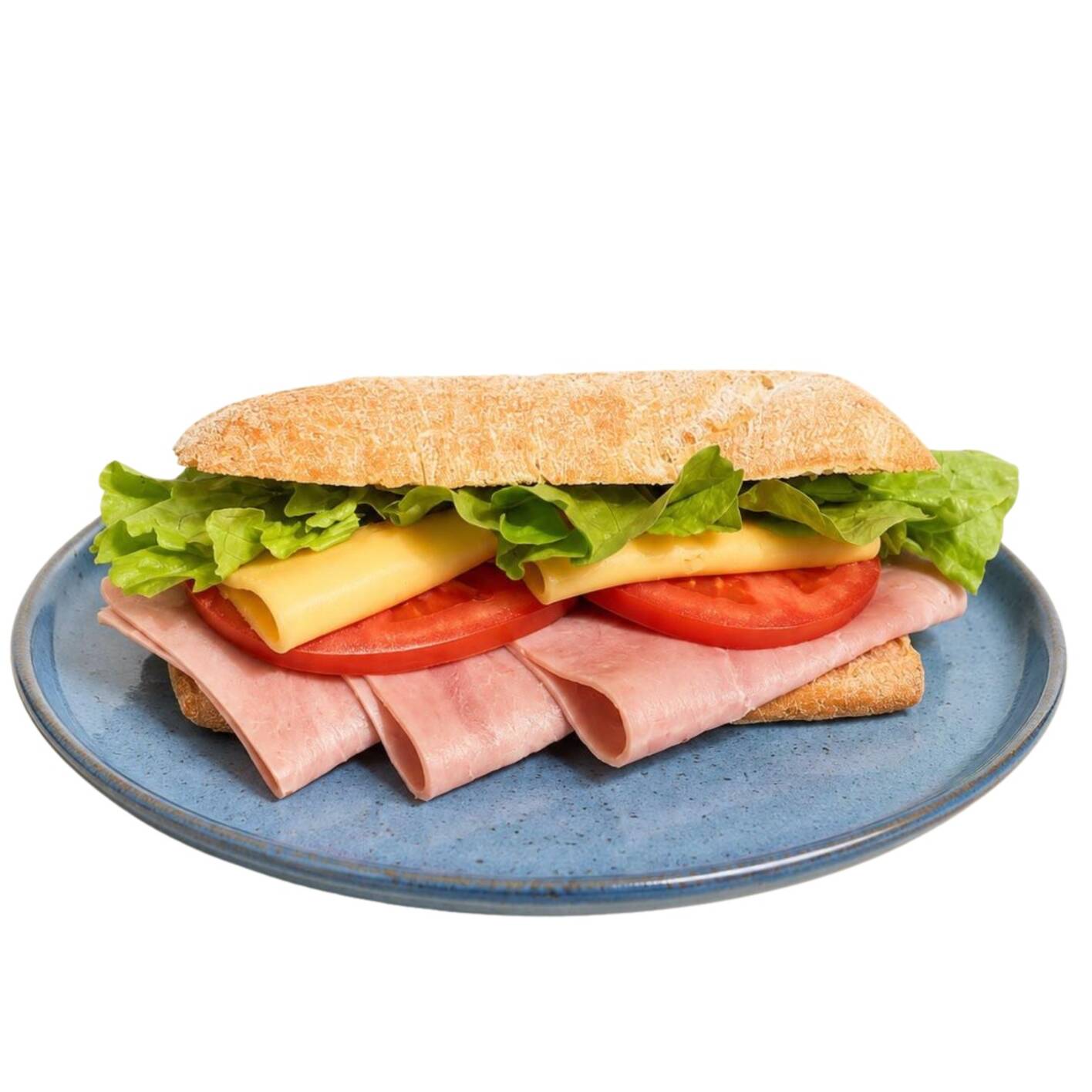 Ciabatta rústica, macia por dentro e levemente crocante por fora, recheada com muçarela, presunto, tomate fresco e alface. Uma combinação clássica e saborosa.