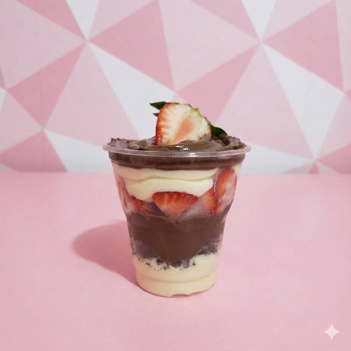 A dose perfeita de felicidade para o seu dia! 🍓🍫 Intercalamos camadas generosas do nosso creme de leite aveludado, morangos frescos selecionados e uma ganache de chocolate super cremosa. Tudo isso em um copo de 180ml montado com carinho para você.