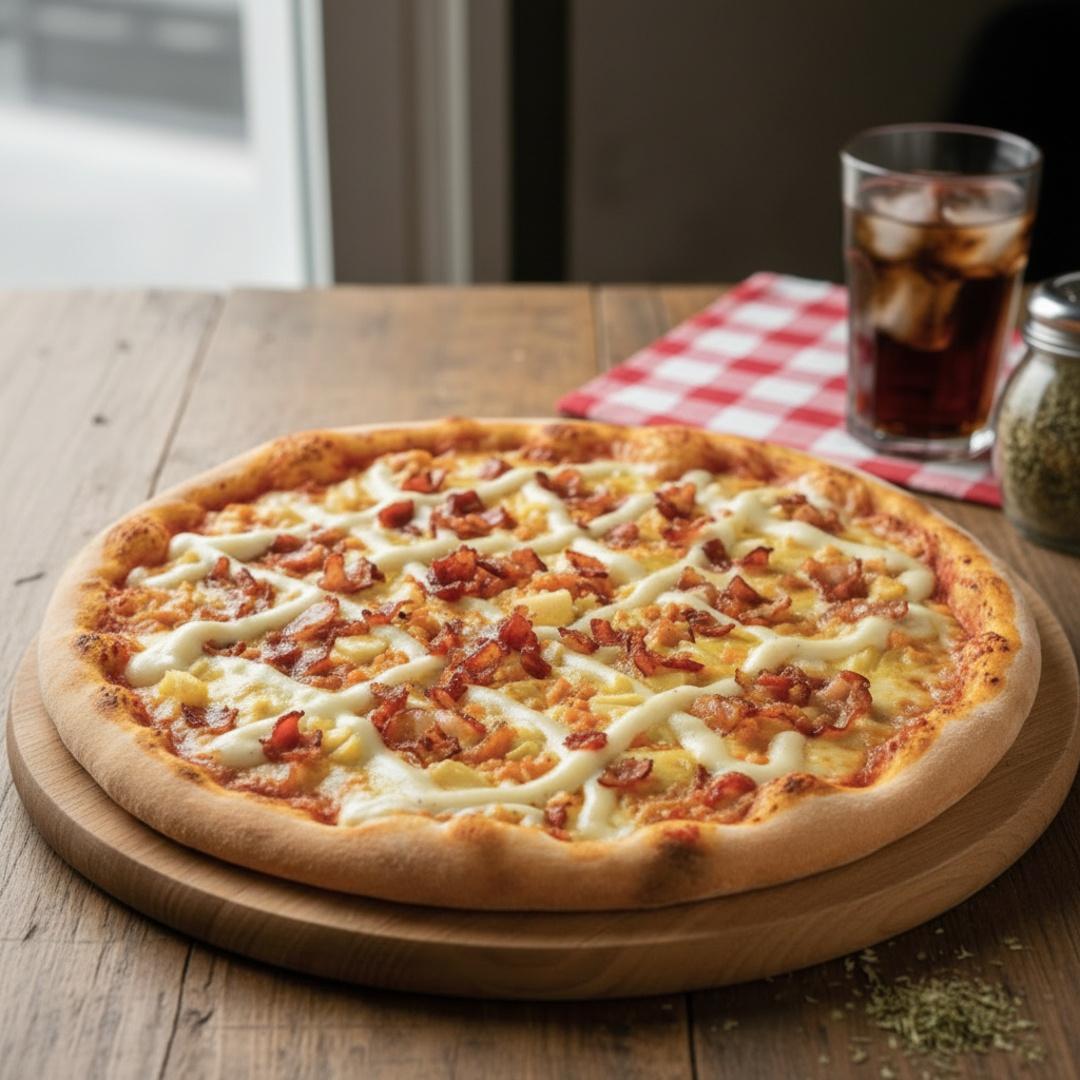 Bacon e Catupiry, uma combinação mais que perfeita!Sugerimos acrescentar Borda Recheada, sua Pizza ficará ainda mais Gostosa! **Serve bem até 4 pessoas.