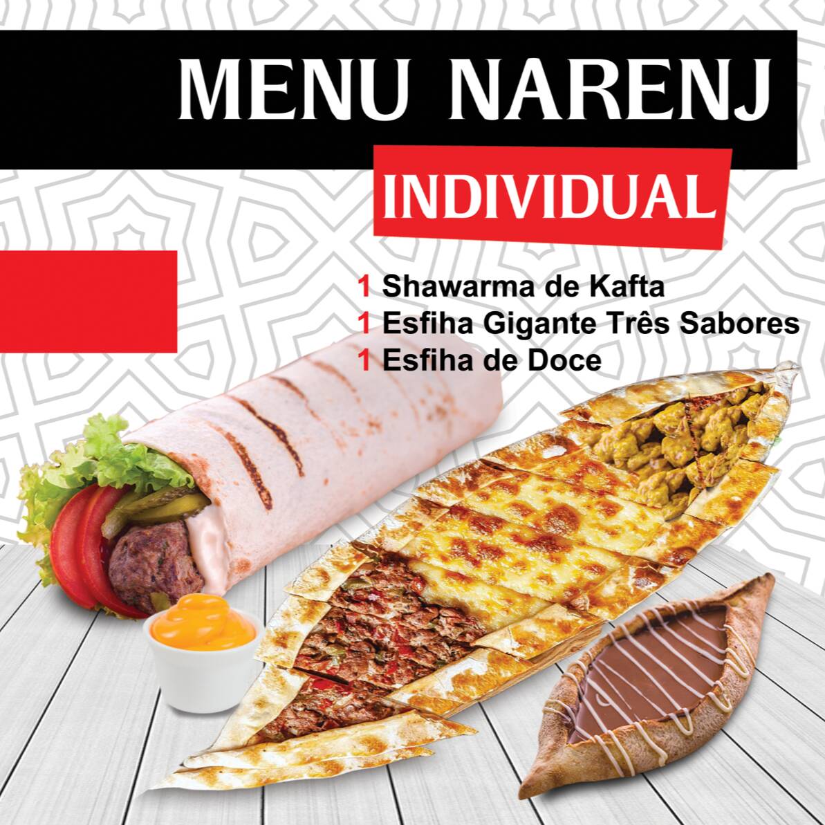 1 Shawarma árabe a sua escolha + 1 Esfiha Gigante Três Sabores + 1 Esfiha Doce a sua escolha Menu festival