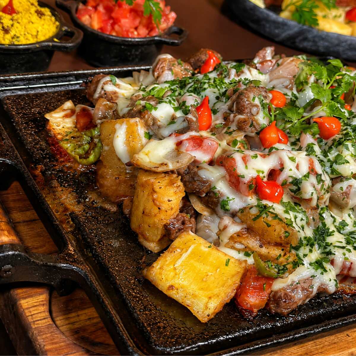 Carne de Sol Na Manteiga Do Sertão, Macia e Suculenta, Com Mandioca Amanteigada, Cebola Dourada, Queijo Derretido e Tomate Fresco. Um Clássico Que Conquista No Primeiro Garfo! Peça Agora!