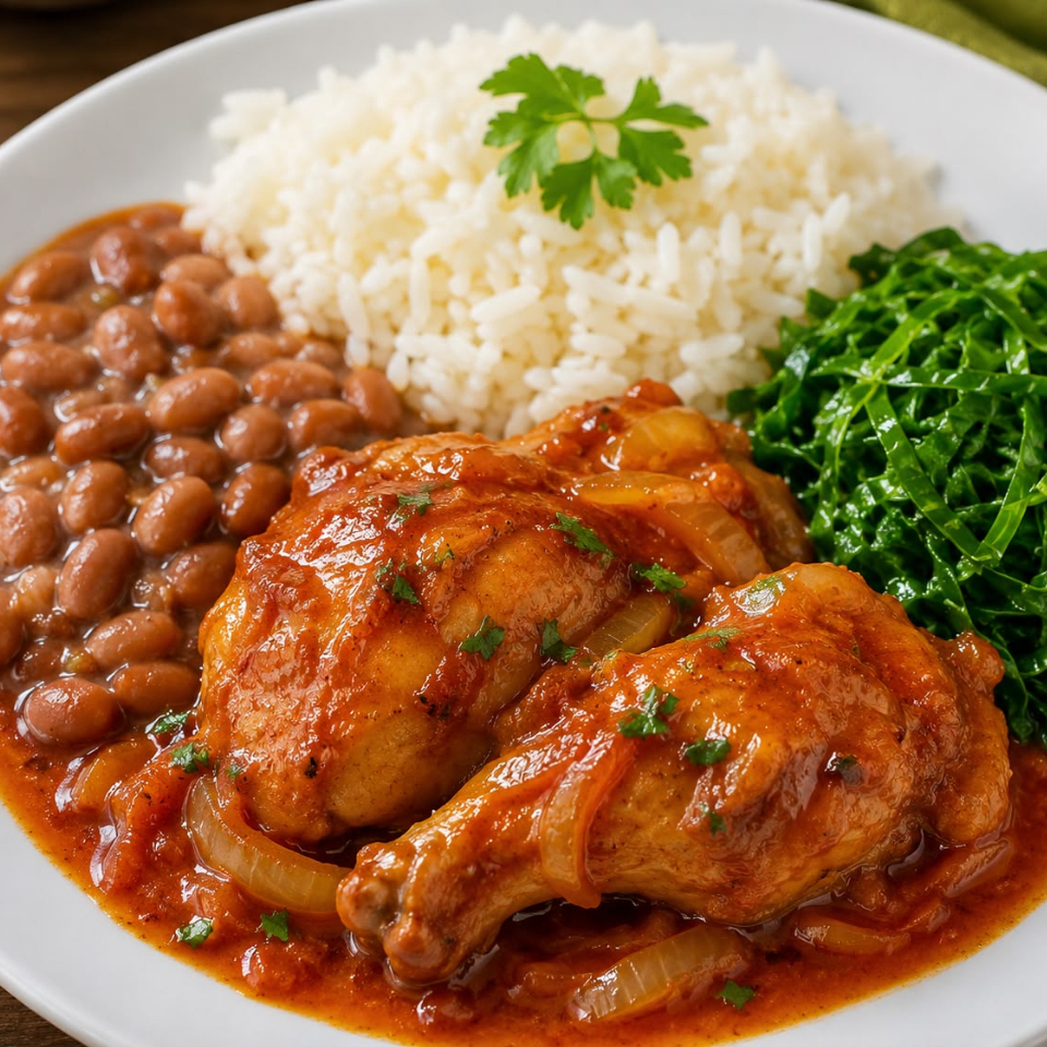 Sobrecoxa assada e com molho de tomate caseiro , Arroz , feijão e couve refogada .