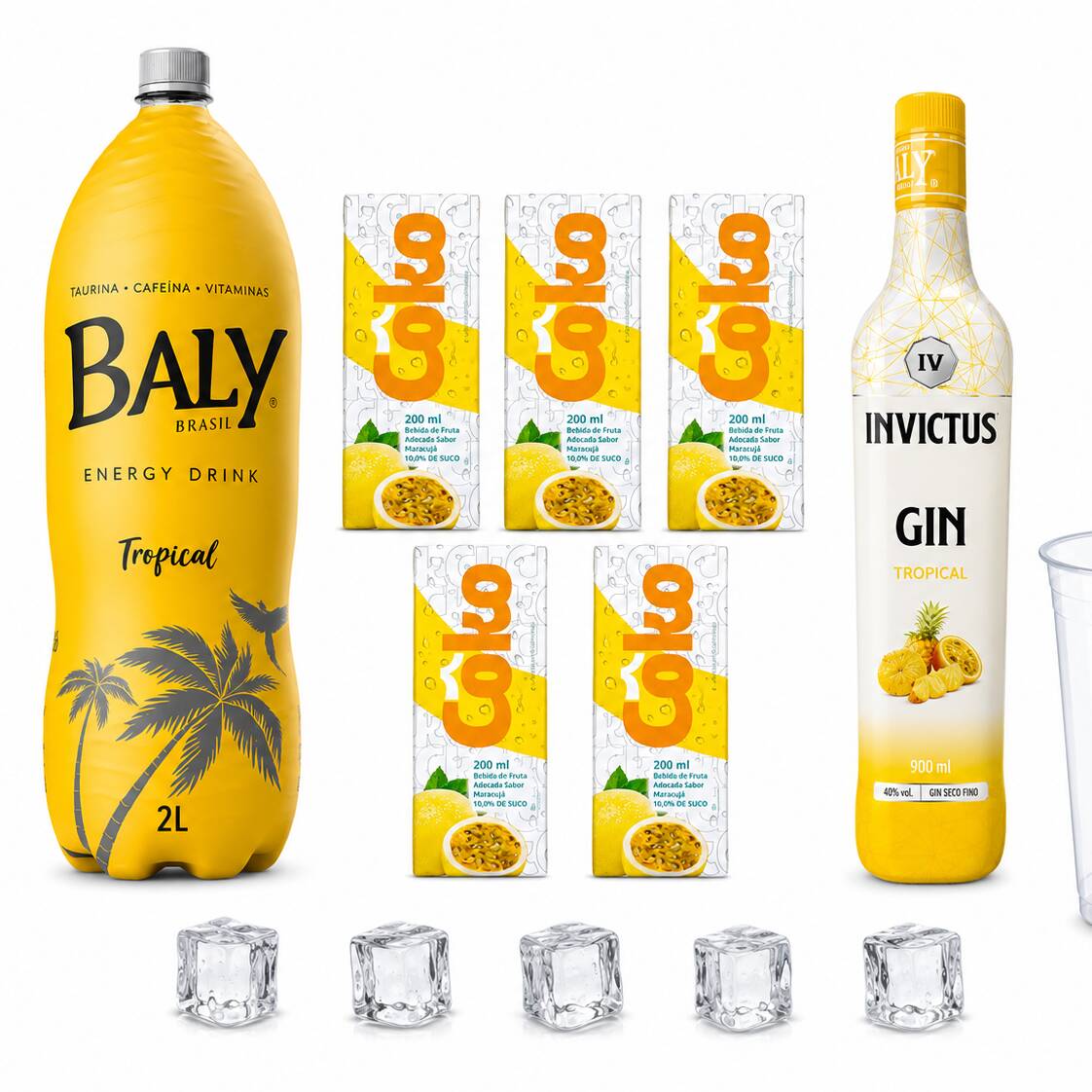 Combo Gin Invictos Tropical, 5 gelos maracujá , 1 garrafa Gin Invictos 910 ml, 1 Energético 2 Litros maracujá e 4 copos ‘