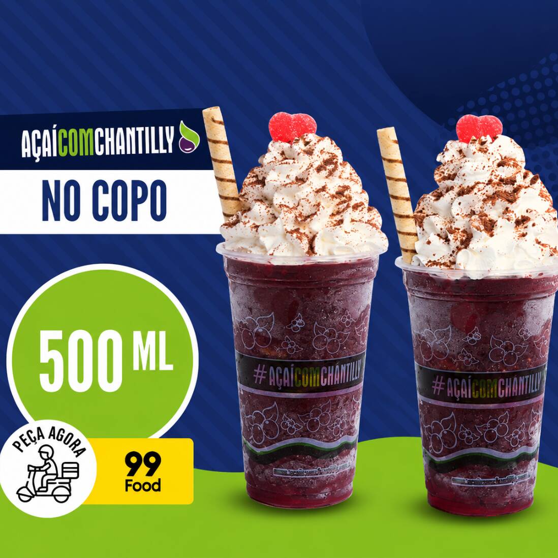 Seu açaí orgânico, batido com frutas de verdade, sem química, uma experiência incrível, montado no copo de 500ml com vários opções de doces e coberturas, e para fechar você pode escolher entre nosso delicioso chantilly artesanal