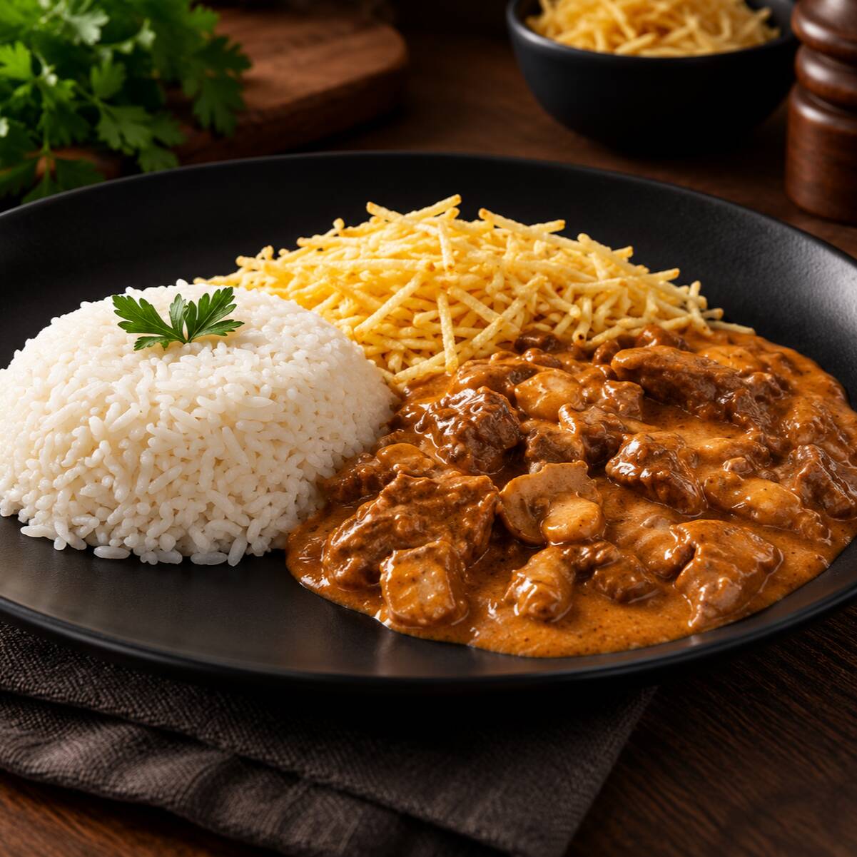 Strogonoff de Carne é preparado com pedaços suculentos flambados no Brandy, lentamente cozidos em um molho cremoso e temperado como molho de tomate artesanal, creme de leite e um toque de especiarias. Acompanha batata palha.