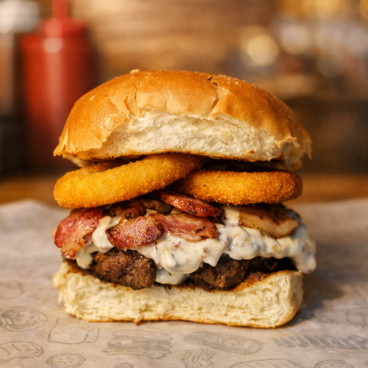 Pão de brioche, Blend de 120g, anéis de cebola, muçarela, maionese de azeitona e bacon.