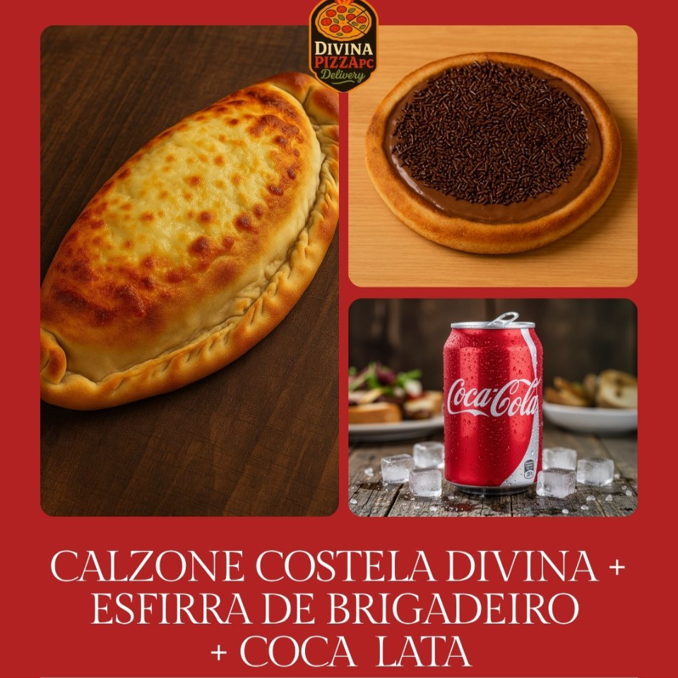 1 calzone de costela divina + 1 esfirra de brigadeiro + 1 coca lata