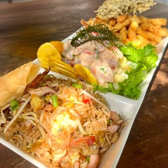 Trío: Ceviche, Chaufa de M. y Chicharrón de Pota