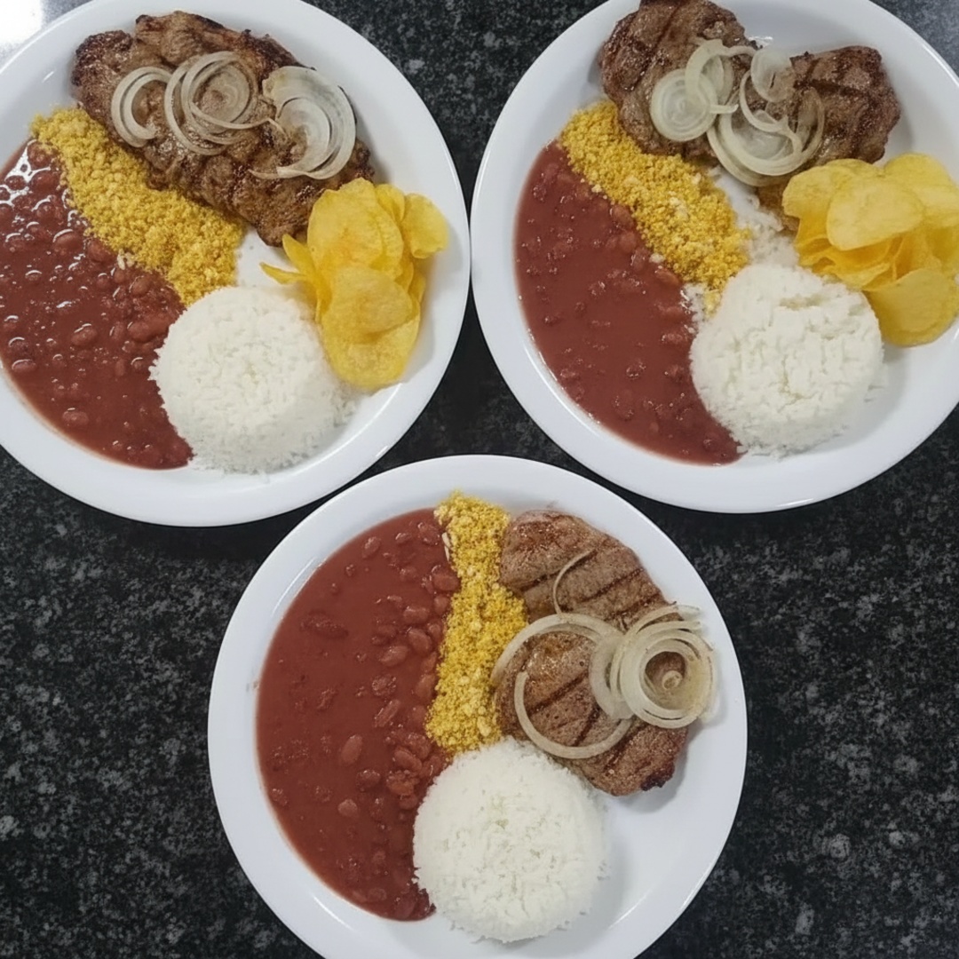 Todos os pratos acompanham arroz branco, feijão, farofa dourada com bacon, chips e saladinha.
Obs.: Nossas marmitas são seladas para impedir o vazamento e possuem divisórias. Comportam a mesma quantidade de comida que as marmitas de isopor <3