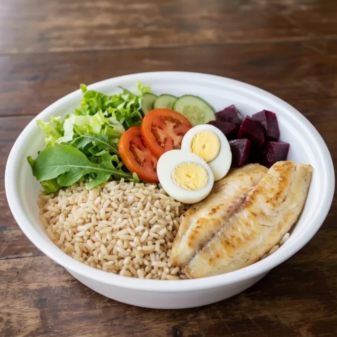 Filé de tilápia grelhado, leve e suculento! Acompanha arroz integral, folhas verdes frescas, tomate, cenoura ralada, pepino e vinagrete.