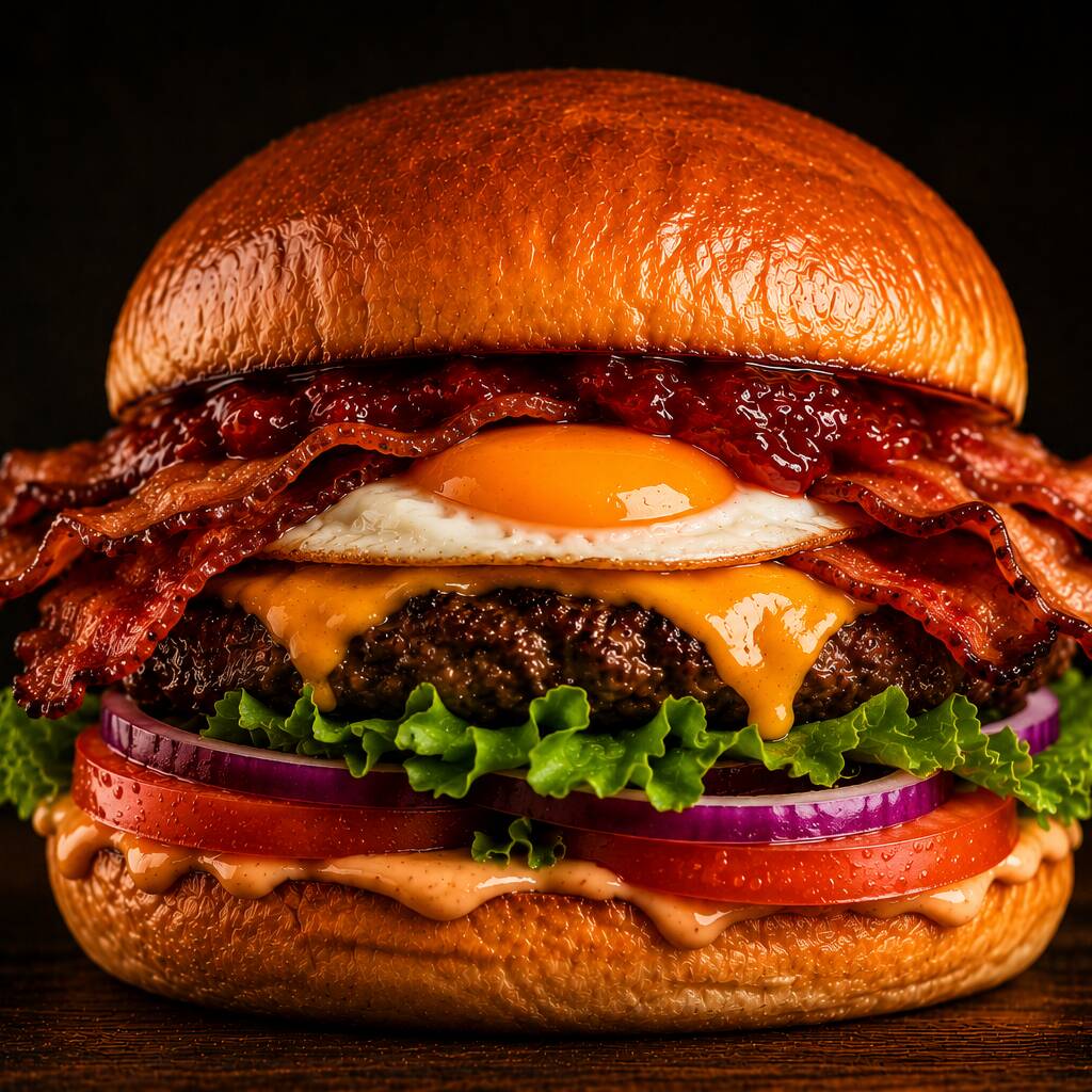 Blend de 160g, cheddar fatiado, ovo, bacon crocante, alface, tomate e geleia de pimenta.