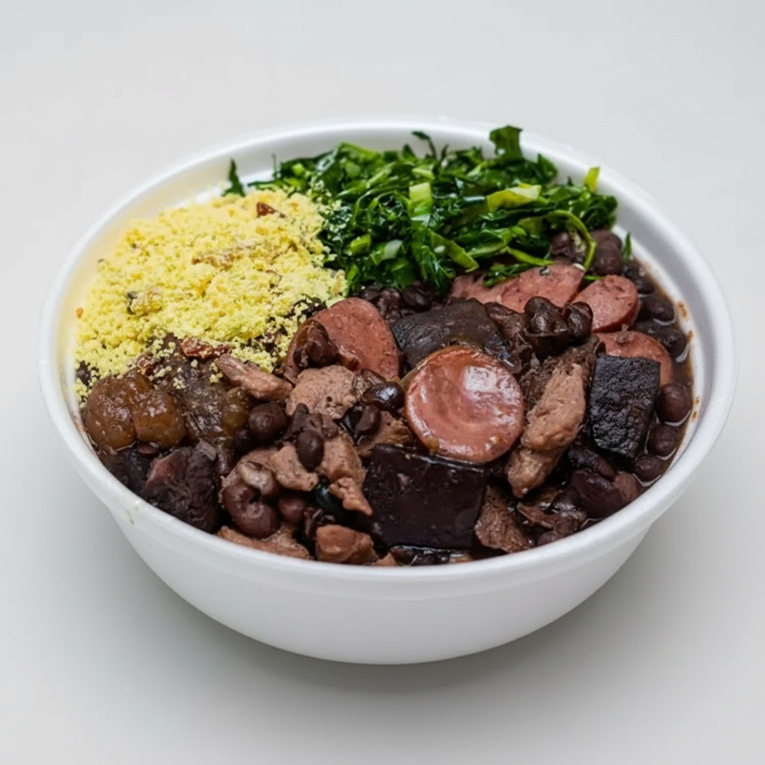 Feijão preto com carnes nobres (calabresa, bacon, costelinha e pertences de porco). Acompanha couve, farofa, vinagrete e arroz. (Se preferir Pura sem arroz, selecione a opção abaixo).