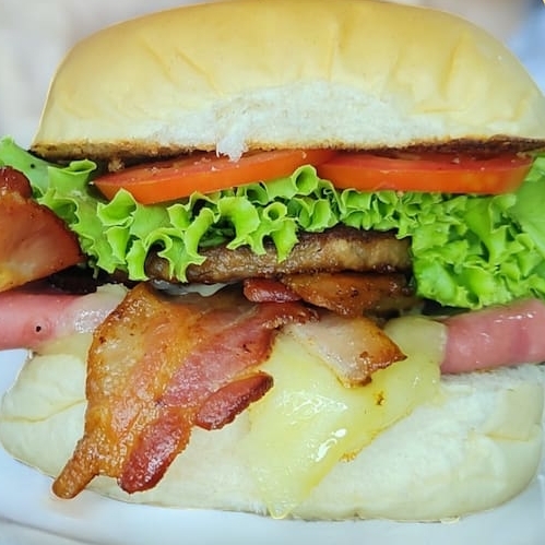 Pão de hamburguer, hamburguer 56g, queijo, presunto, tomate, alface, bacon, catupiry e maionese caseira.