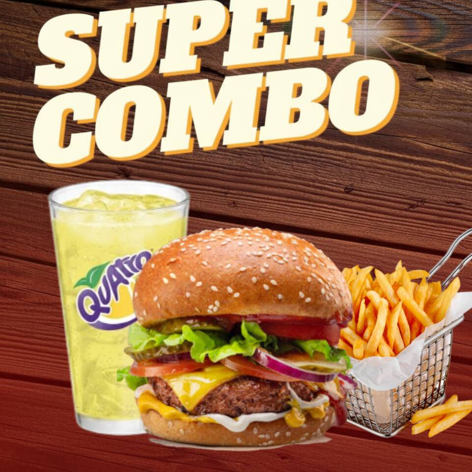 Hamburguesa de Res + Papas + Quatro