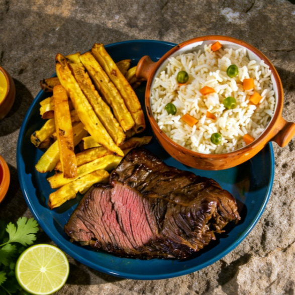 Bistec con Arroz y Papas Fritas