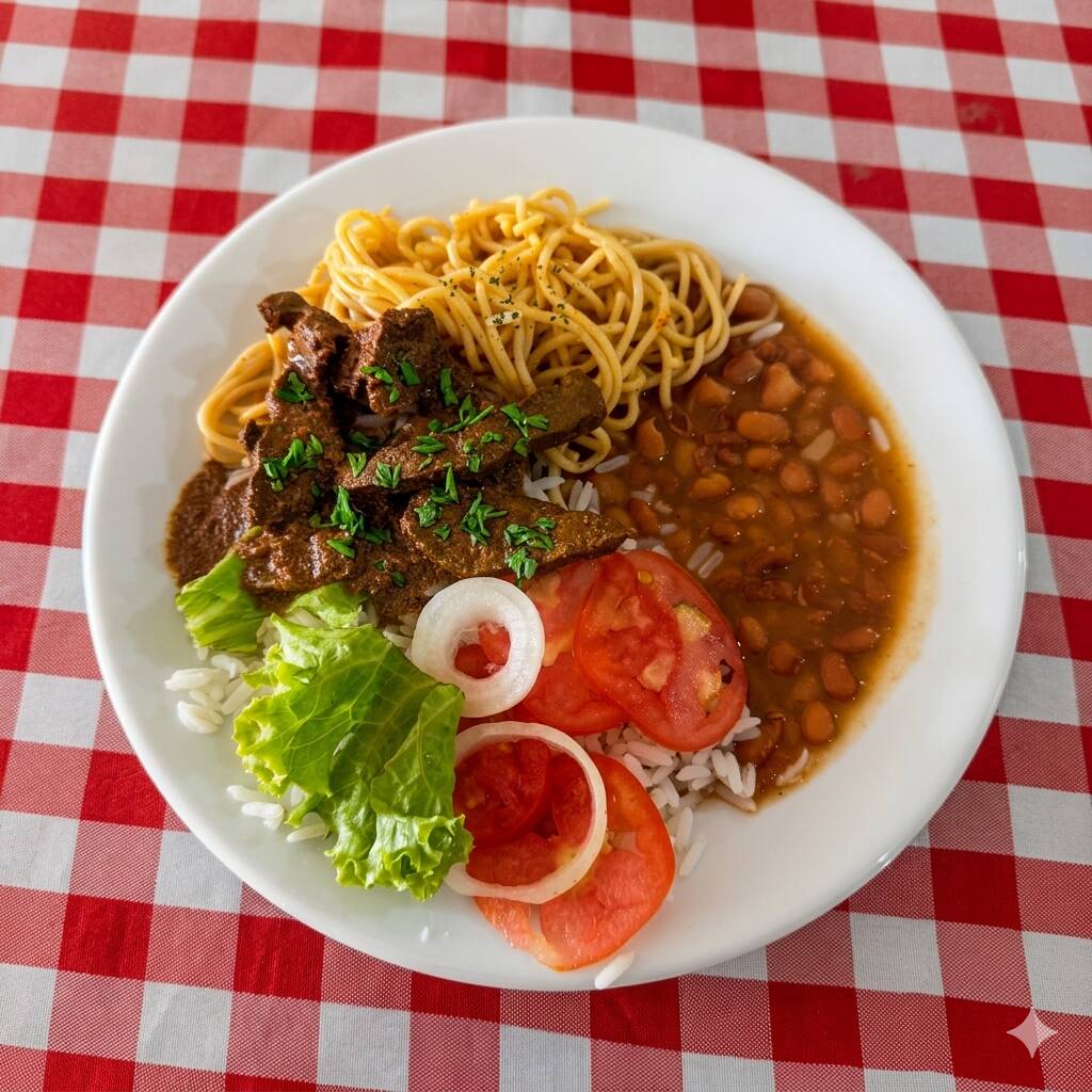 Feijão carioca, arroz e salada.