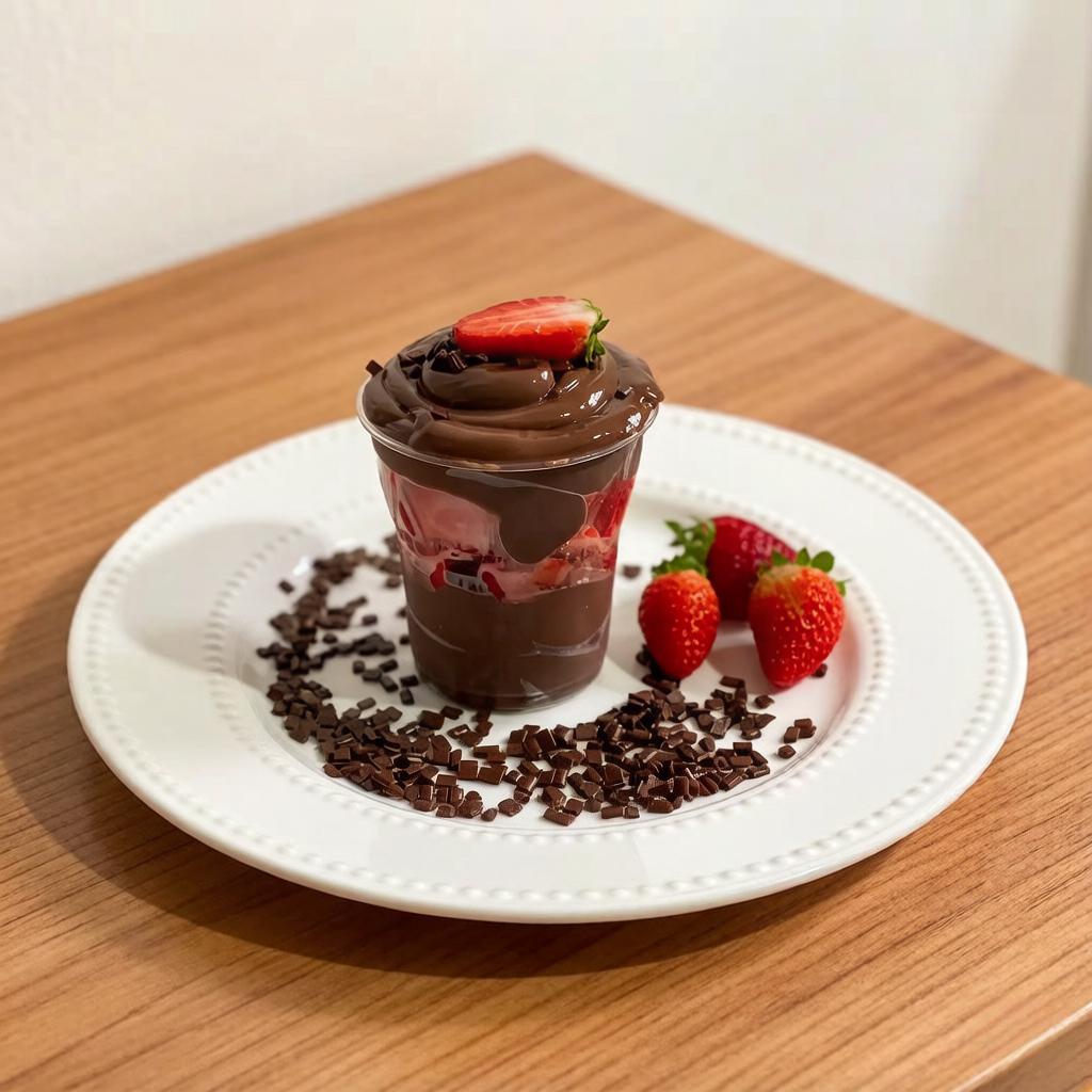 Copo de 250ml feito com camadas de Creme de Chocolate 50% cacau e morangos frescos picados. Finalizado com granulados gourmet e morango.
