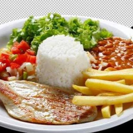 Aconpanha arroz, feijaon , macarrao,batatas fritas farofa e salada fresca