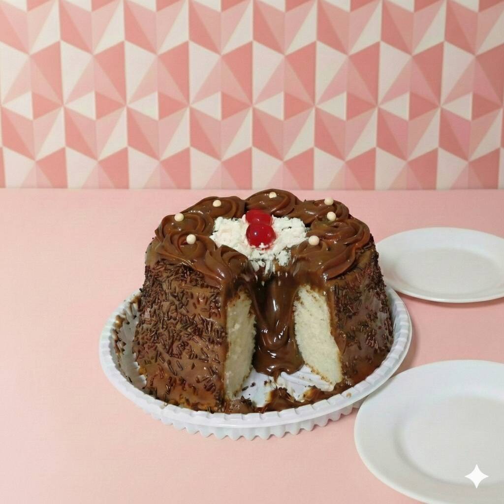 Nosso Bolo Vulcão de 17cm tem o centro completamente preenchido com muita cobertura cremosa. Quando você corta, é uma verdadeira explosão de sabor. Massa fofinha feita no dia. Escolha a sua cobertura: Chocolate, Leite cremoso e/ou Morango. Irresistível.