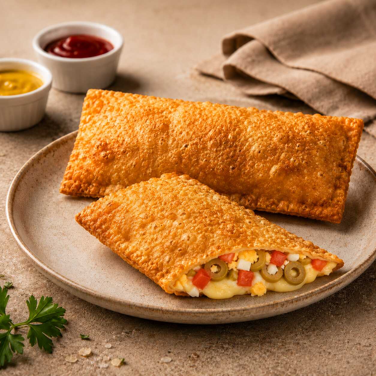 Com + Queijo, tomate, ovo e azeitonas em uma versão mais completa e saborosa do pastel de queijo. Ideal para quem ama queijo. Adicione complementos para deixar ainda melhor.