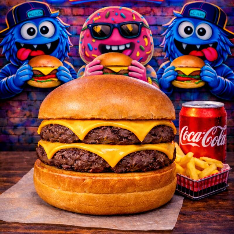 Pão brioche especial, maionese da casa, 2 hamburguer 120g grelhado na churrasqueira, queijo cheddar.