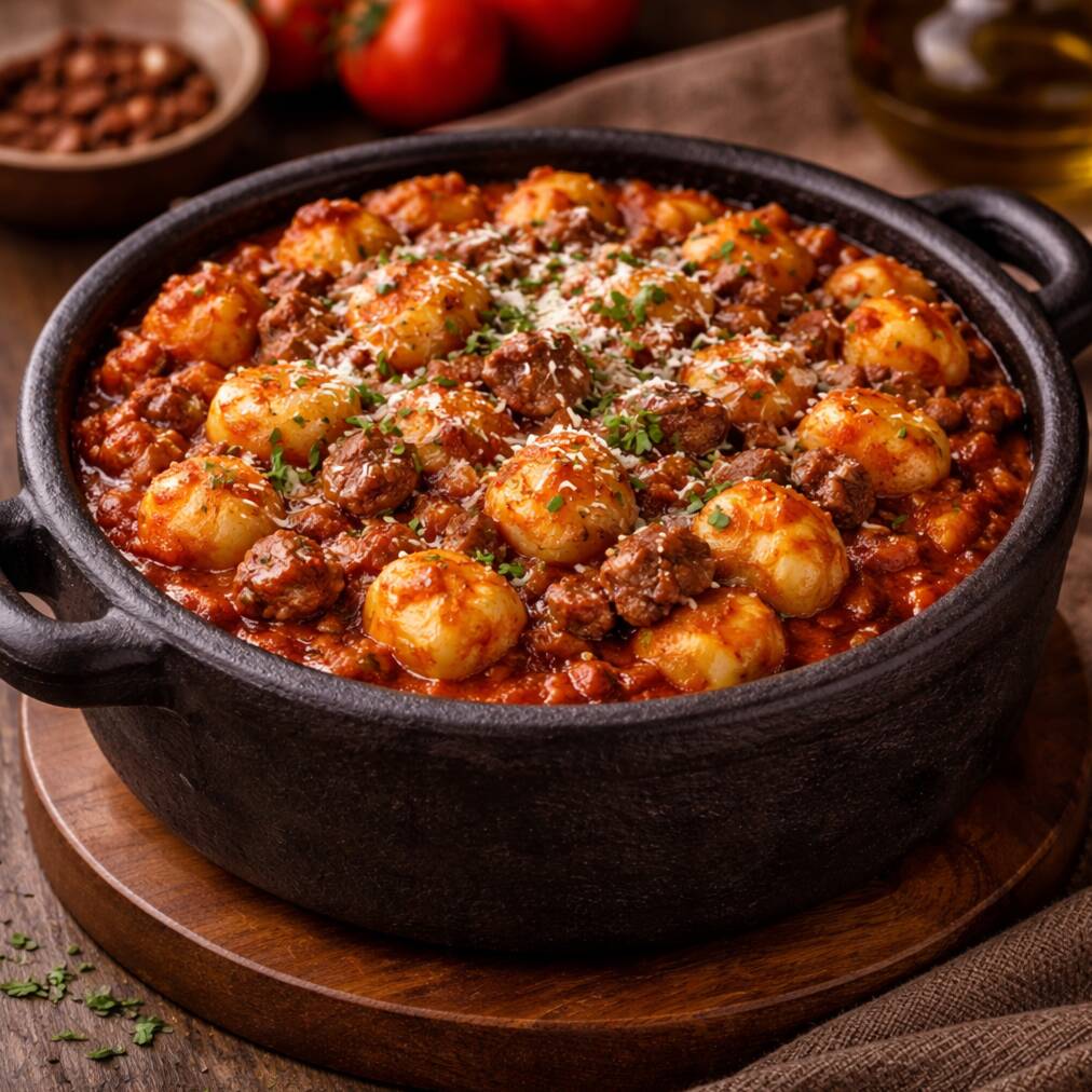 Gnocchi de batata artesanal com cubos de filé mignon, refogados e servido com molho de tomate e manjericão fresco.