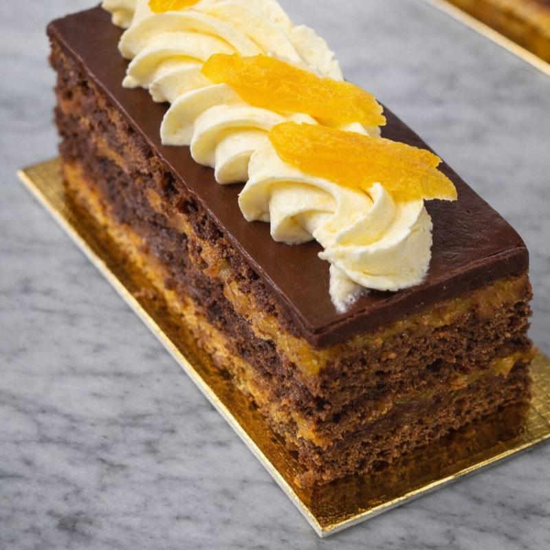 Essa é a Rose Bertin Zero. Ela é sem glúten, sem lactose e sem açúcar. Tem camadas de cacau com recheio de damasco e ganache meio amargo. É uma sobremesa menos doce e bem equilibrada.