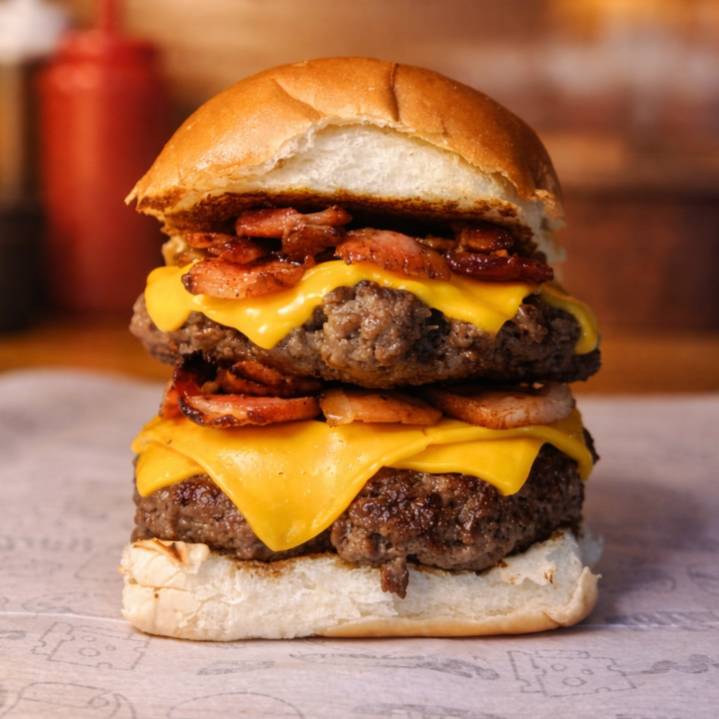 Pão de brioche, 2 Blends de 120g,cheddar e bacon.