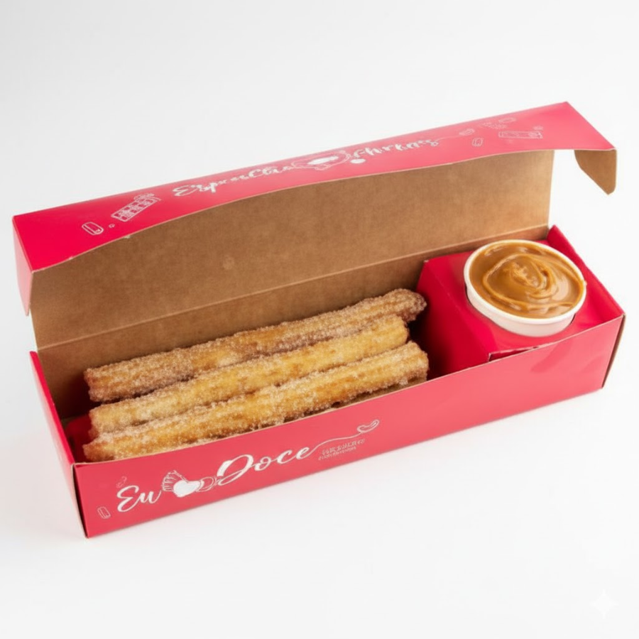 8 churros palito (mais fino que o tradicional), feitos na hora, super saborosos e crocantes, acompanha 2 opções de recheio, sendo finalizados com um toque especial de açúcar com canela.