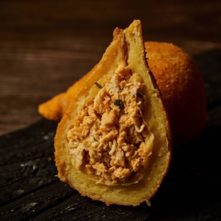 Deliciosa coxinha de frango com massa crocante e recheio suculento