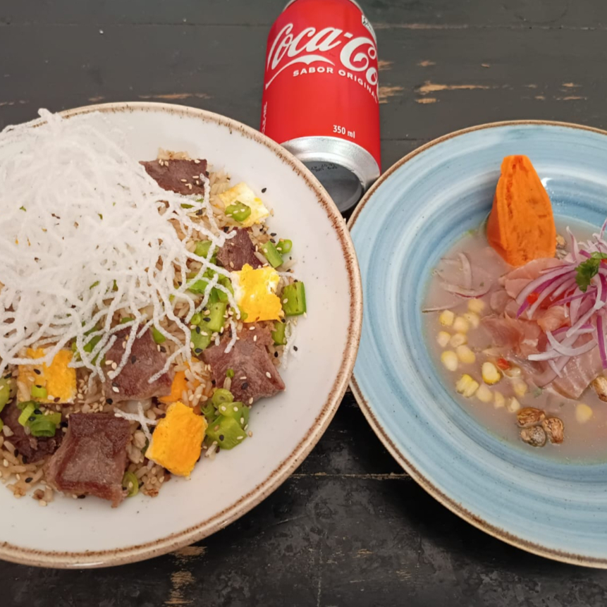 Chaufa de filé mignon+ ceviche clássico 80gr+ 1 refrigerante (lata) de sua escolha: coca normal, coca zero, Guaraná zero ou Guaraná normal.