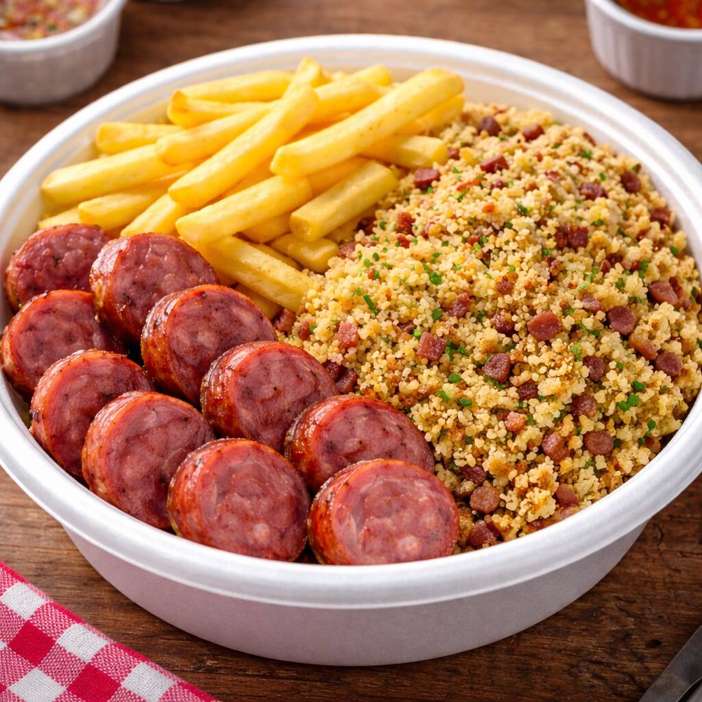 linguiça suína na brasa, farofa, batata frita e vinagrete