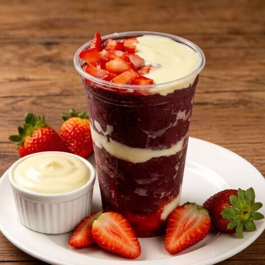 Açaí Premium enviado na embalagem térmica. Todos nosso produtos vão com os complementos enviados a parte (Experiencia Unica). Foto meramente ilustrativa (Altera conforme sua escolha dos complementos)