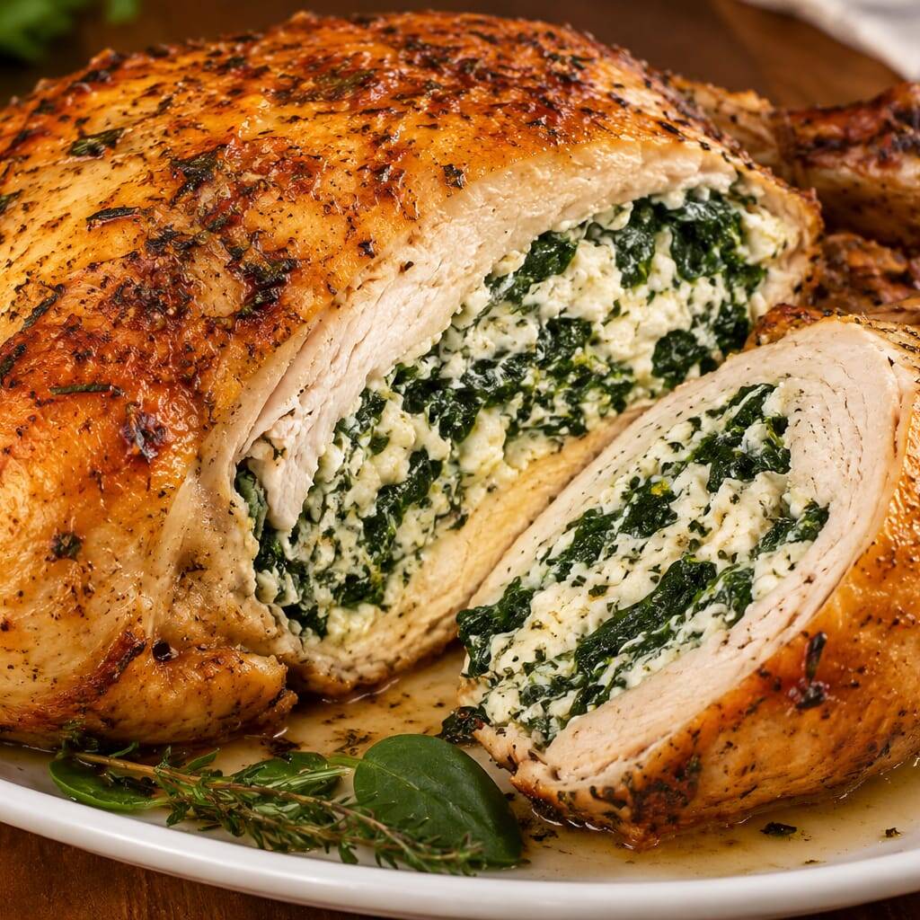 Frango recheado com ricota cremosa e espinafre refogado, temperado na medida certa e assado até ficar dourado, suculento e saboroso. Uma combinação irresistível de leveza e cremosidade, perfeita para uma refeição especial.