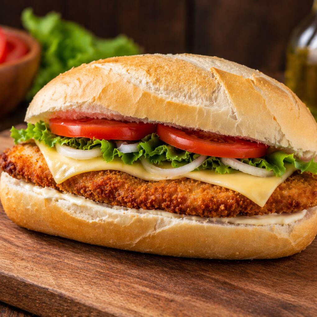 Sanduba no pão francês com frango empanado, queijo muçarela, alface, tomate e cebola. .
