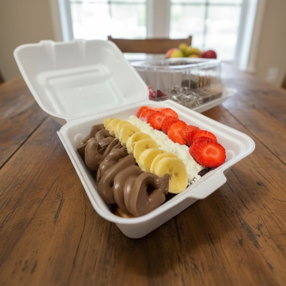 açai tradicional , creme de avelã , banana , morango , e leite em pó