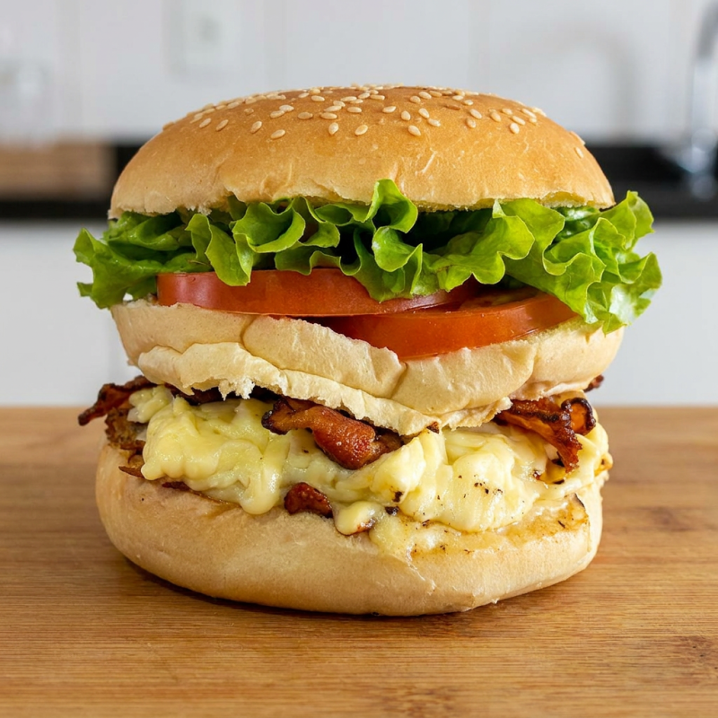 Hamburger 120g, Catupiry Original, mussarela, bacon, alface, tomate e maionese