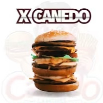 Um delicioso hambúrguer com quatro carnes de excelente qualidade 56g cada, pão com gergelim, três queijos derretidos, três presuntos fresquinhos, dois cheddar cremoso, bacon crocante, dois ovos, salada fresca ( alface ) e a exclusiva maionese temperada da canedo.