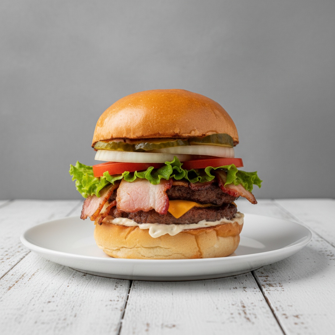 Pão c Gergilin Artesanal 400g selado com molho da casa, 3 CARNES DE HAMBURGUER, 2 OVOS, BACON, ANEIS DE CEBOLA, CHEDDAR BATATA PALHA ,MILHO ALFACE E TOMATE