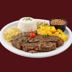 C/ chimichurri. Acompanha arroz, feijão, farofa e fritas. Foto ilustrativa.