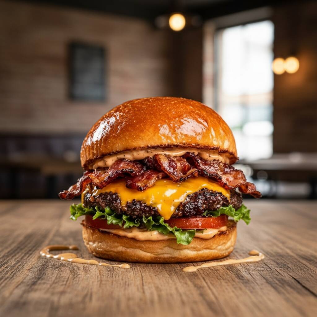 **Smash Grill** Pão brioche, hambúrguer 100% carne 100g, bacon, cheddar, alface, tomate e molho especial.