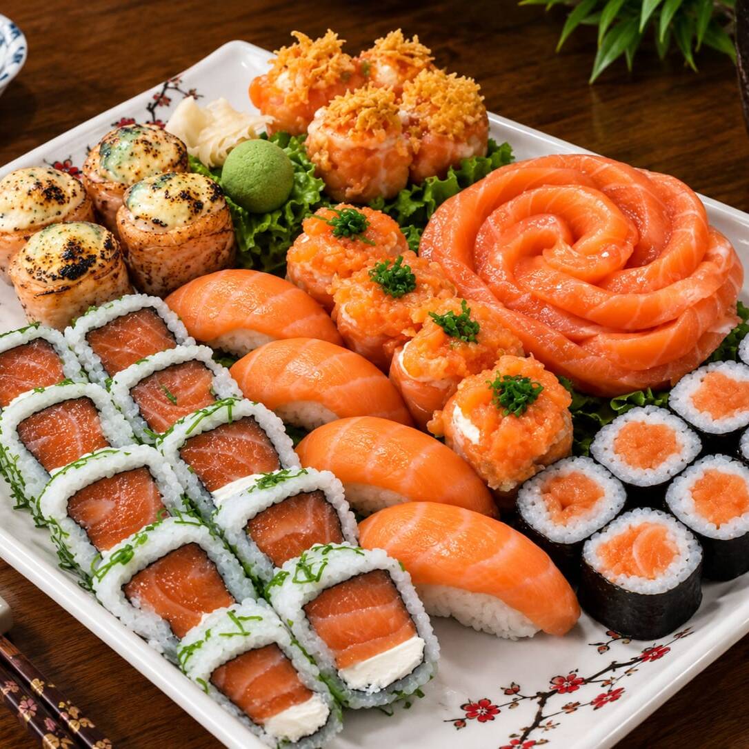 10 URAMAKI FILADELFIA 08 MAKI FILADELFIA 04 NIGUIRI SALMÃO 04 JOE MAÇARICADO 04 JOE COM CREME CHESS E DORITOS 04 JOE TARTA DE SALMÃO 05 SASHIMI