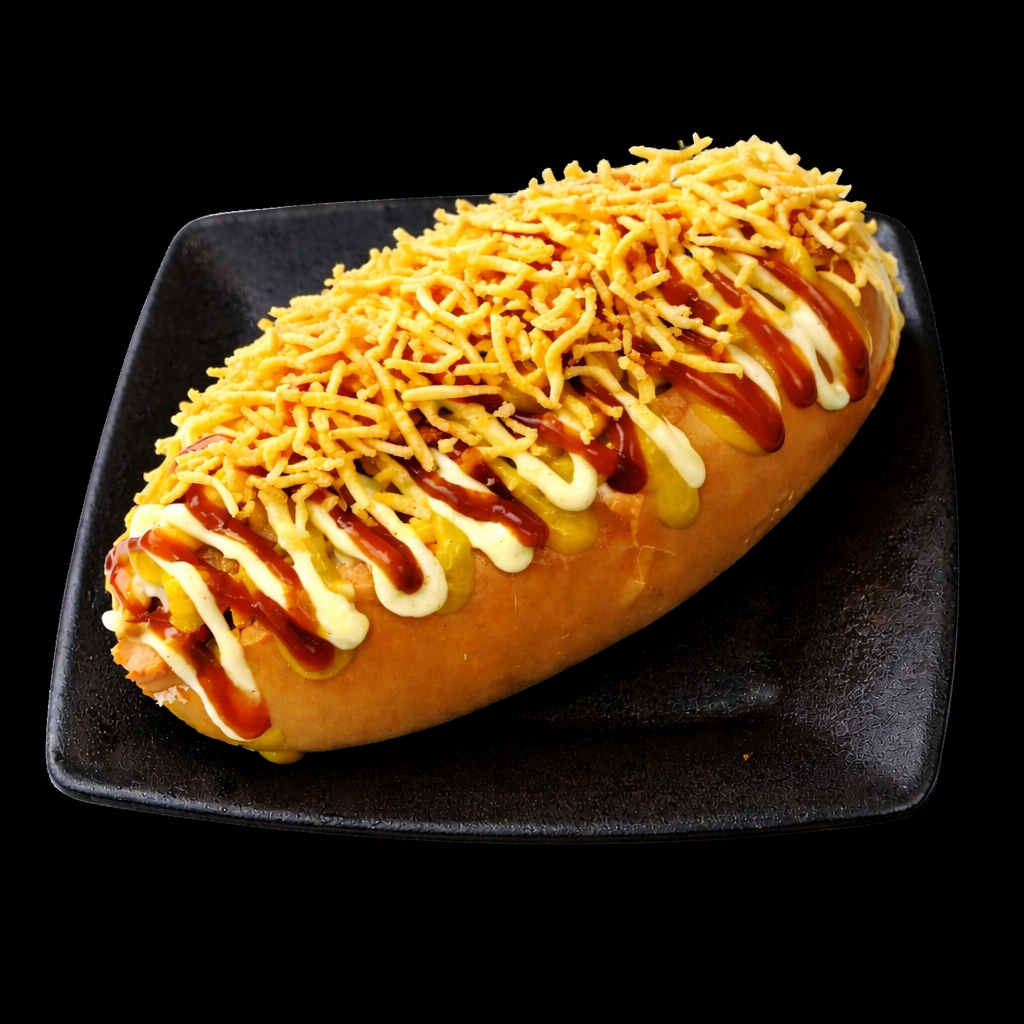 Pão de hot dog ,salsicha,milho,salada de repolho,mostarda,ketchup,batata palha