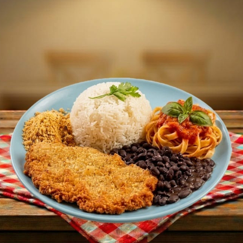 Frango a milanesa + Spaghetti + Arroz + Feijão + Farofar
