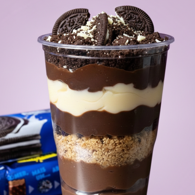 Nosso Copo da Felicidade de Biscoito é simplesmente irresistível! Camadas generosas de brigadeiro branco e de chocolate, farinha crocante de biscoito, formando uma combinação perfeita de sabor e textura a cada colherada. Serve 1 pessoa (aprox. 300ml)