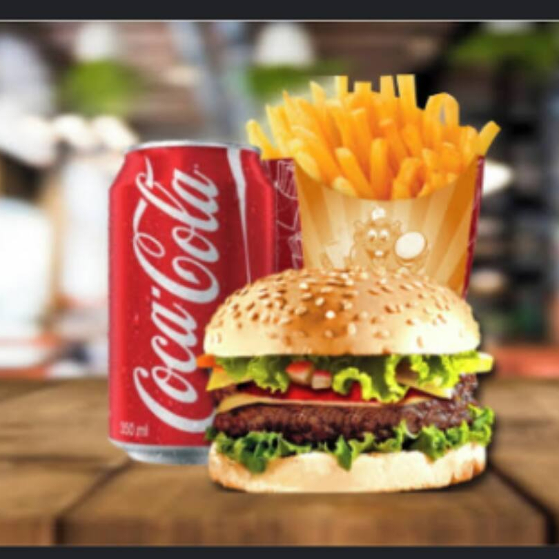 Combo Hambúrguer X-tudo, Batata frita e Coca-Cola