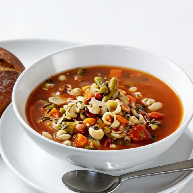 Minestrone e pão francês mais acompanhamentos a sua escolha.